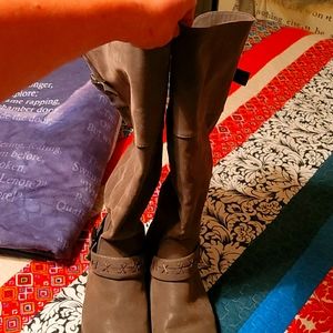 Olive Color Knee High Boots Leather